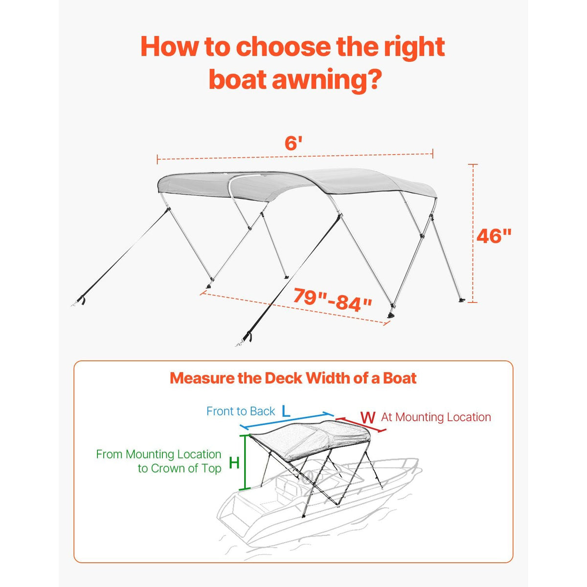 3 Bow Boat Bimini Tops, 600D Polyester Canopy with Aluminum Alloy Frame, Waterproof & Sun Shade Boat Awning Canopy with Storage Bag, 2 Support Poles, 4 Straps, 72"Lx(79"-84")Wx46"H, Light Grey