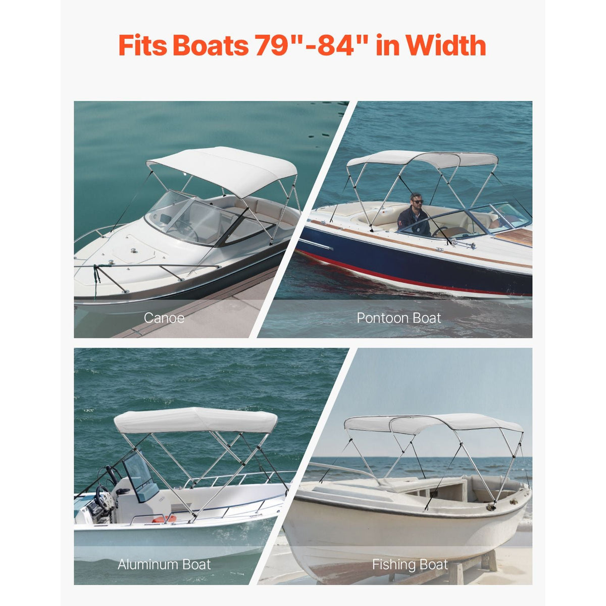 3 Bow Boat Bimini Tops, 600D Polyester Canopy with Aluminum Alloy Frame, Waterproof & Sun Shade Boat Awning Canopy with Storage Bag, 2 Support Poles, 4 Straps, 72"Lx(79"-84")Wx46"H, Light Grey