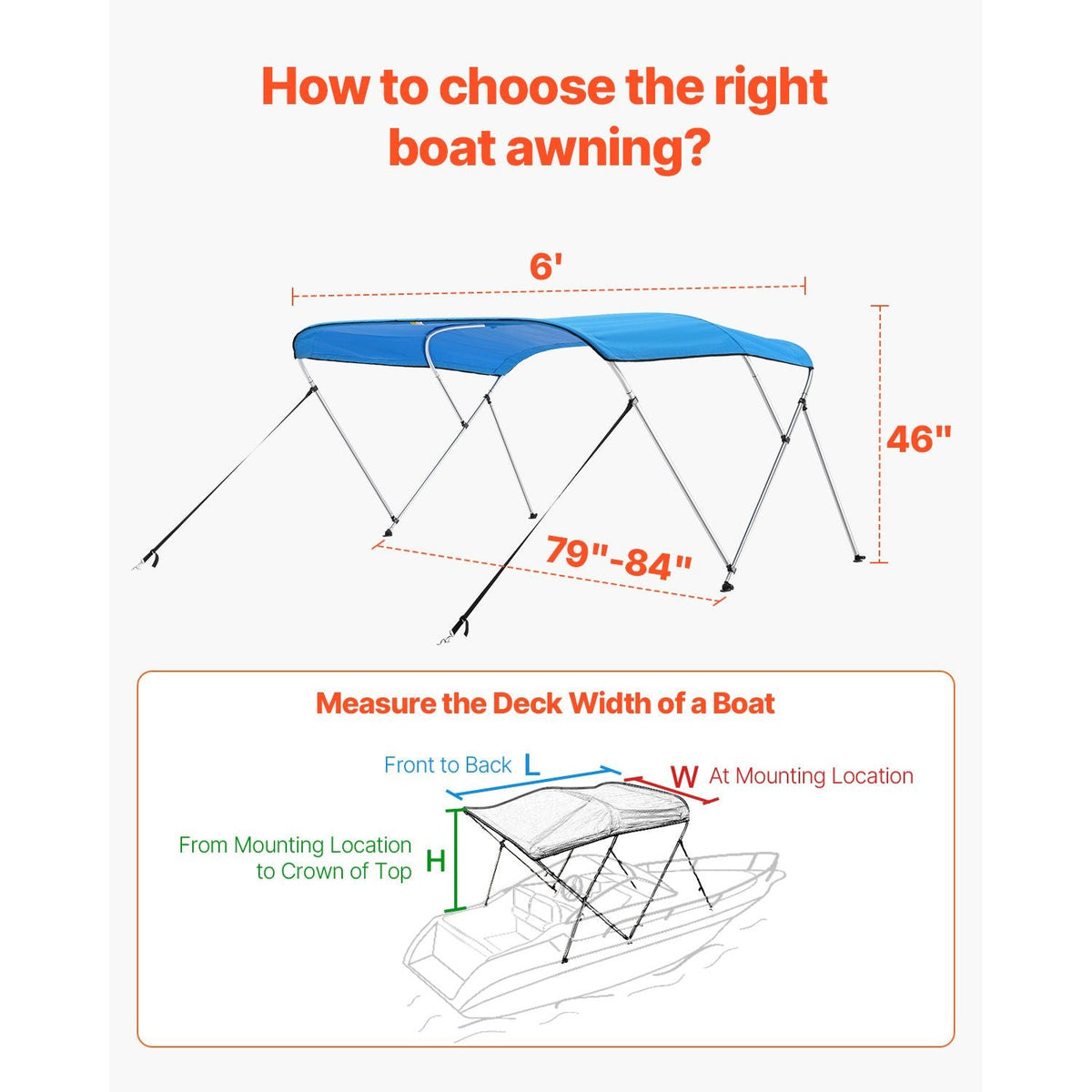 3 Bow Boat Bimini Tops, 600D Polyester Canopy with Aluminum Alloy Frame, Waterproof & Sun Shade Boat Awning Canopy with Storage Bag, 2 Support Poles, 4 Straps, 72"Lx(79"-84")Wx46"H, Pacific Blue