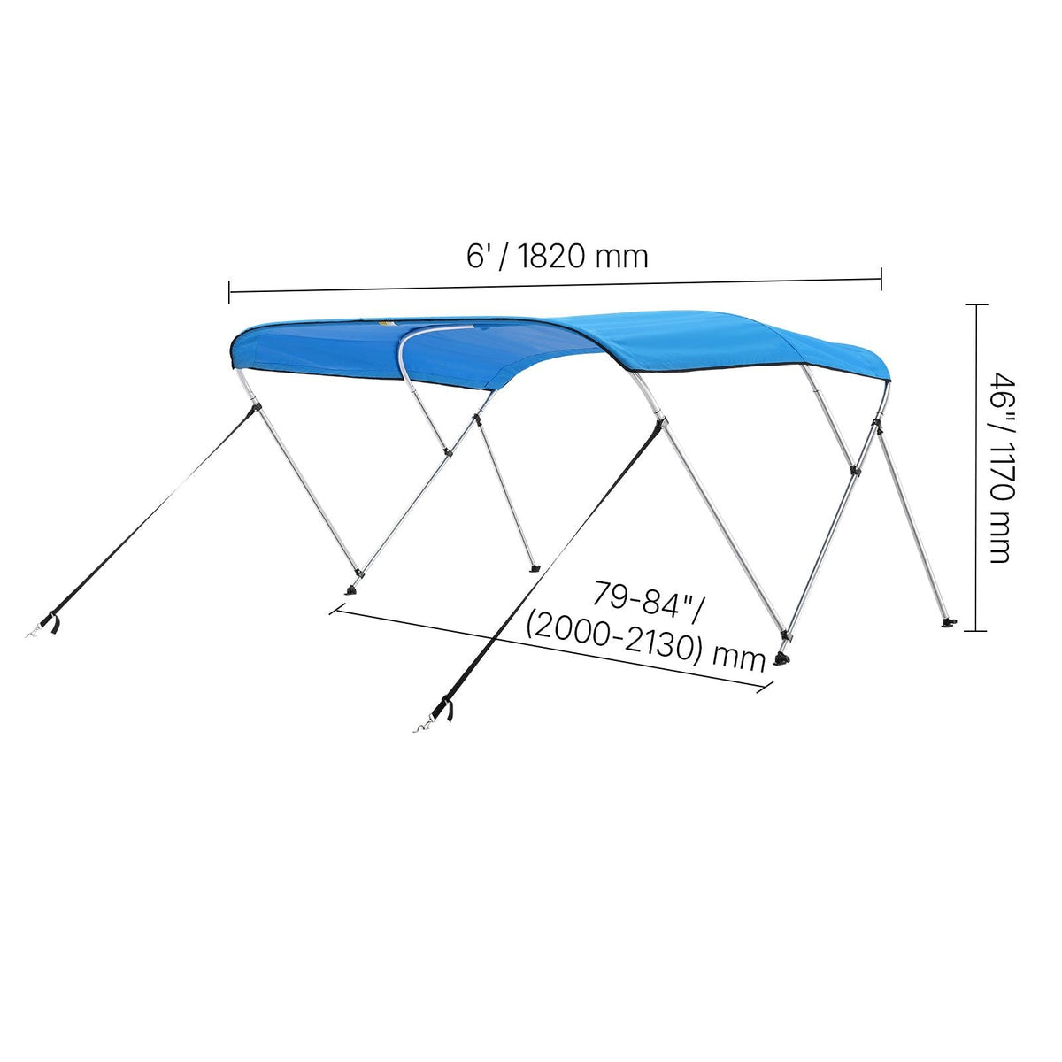3 Bow Boat Bimini Tops, 600D Polyester Canopy with Aluminum Alloy Frame, Waterproof & Sun Shade Boat Awning Canopy with Storage Bag, 2 Support Poles, 4 Straps, 72"Lx(79"-84")Wx46"H, Pacific Blue
