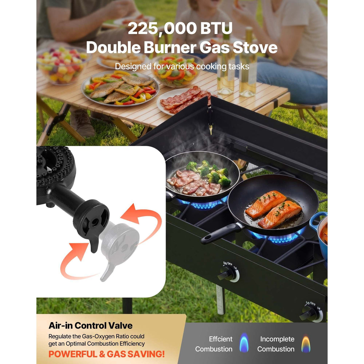 3 Burner Outdoor Propane Gas Stove, 225,000 BTU Propane LPG Gas Camping Stove, Heavy-duty Carbon Steel Outdoor Cooker, with Shield & Tall Stand & Regulator, for BBQ Camp Home Patio Backyard