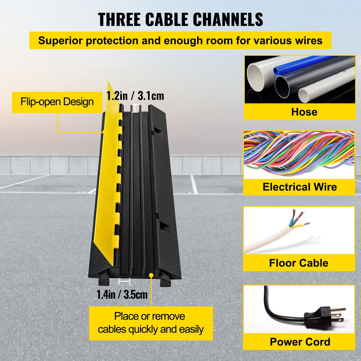 3 Channel Rubber Cable Protector Ramp 1.2 x 1.2 Inch Channel Heavy Duty Cable Wire Cord Cover Ramp Speed Bump Driveway Hose Cable Ramp Protector