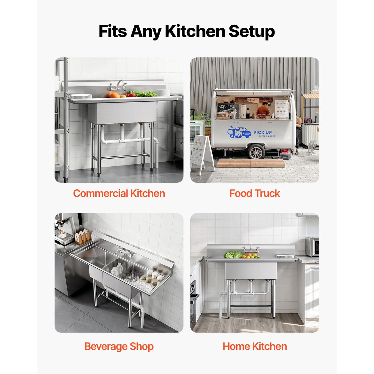 3 Compartment Sink, 18-Gauge 304 Stainless Steel, 10" x 14" x 10" Bowl Size, 3 Bay Commercial Kitchen Prep & Utility Sink with 2 Drainboards and Backsplash for Restaurant, Food Truck & Home Use