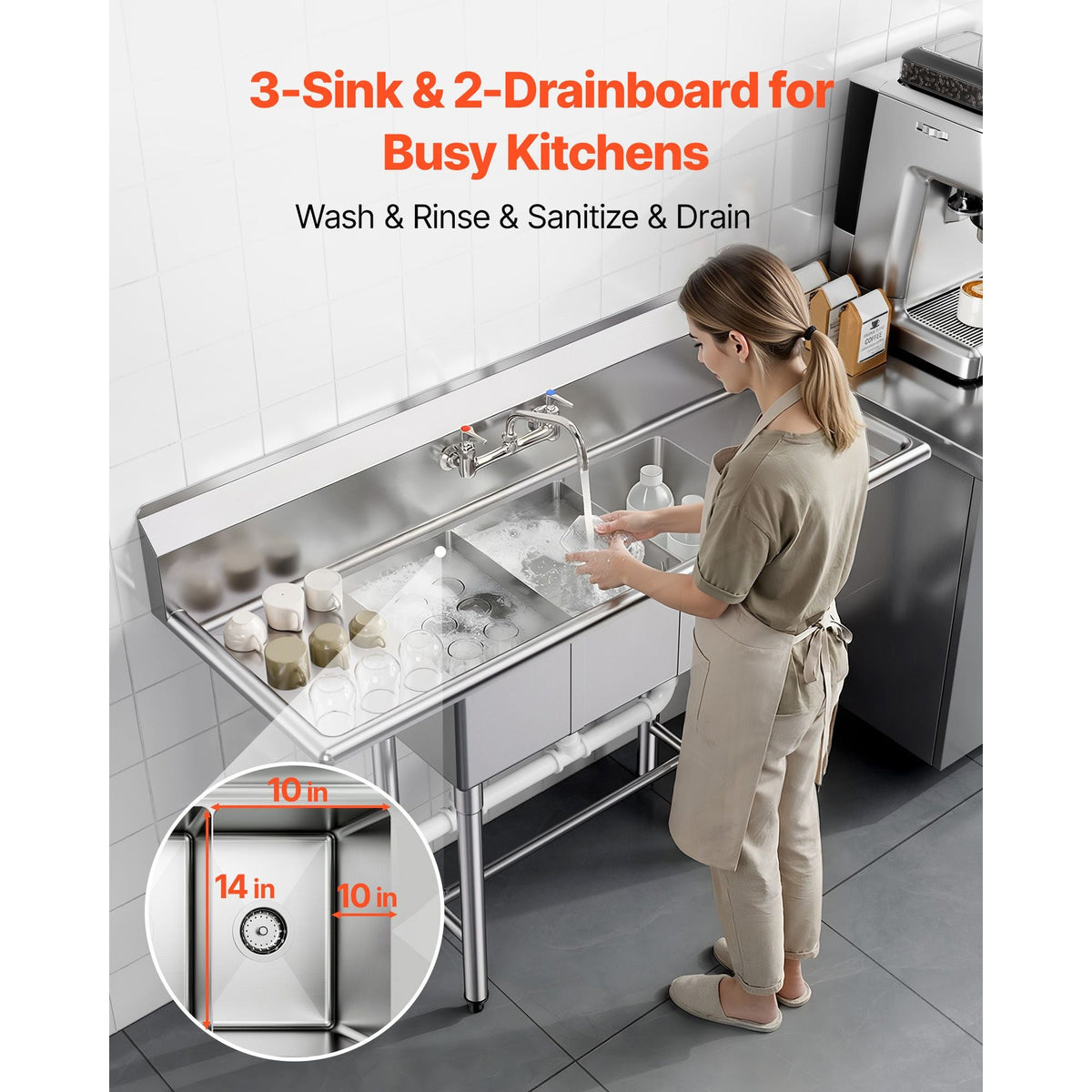 3 Compartment Sink, 18-Gauge 304 Stainless Steel, 10" x 14" x 10" Bowl Size, 3 Bay Commercial Kitchen Prep & Utility Sink with 2 Drainboards and Backsplash for Restaurant, Food Truck & Home Use