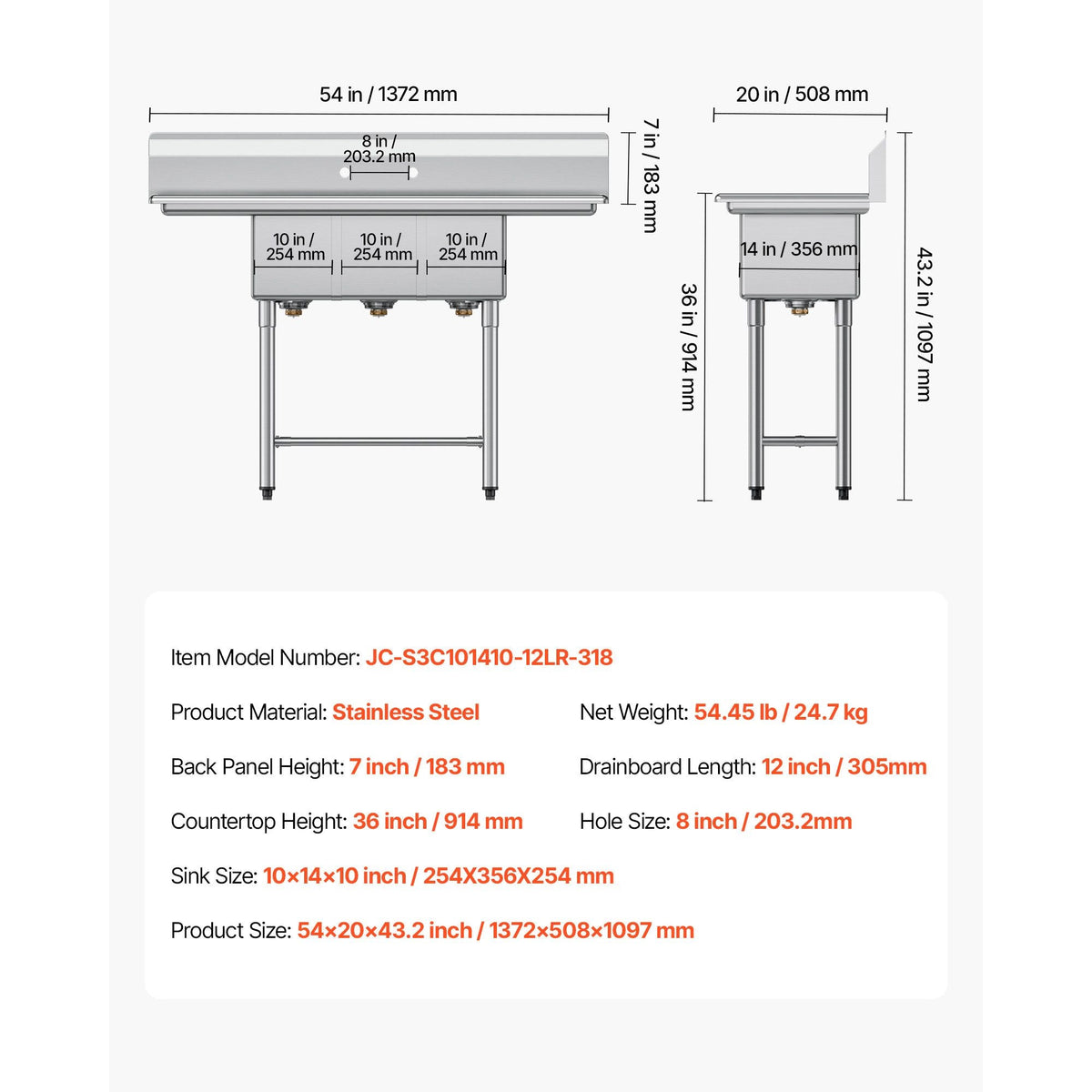 3 Compartment Sink, 18-Gauge 304 Stainless Steel, 10" x 14" x 10" Bowl Size, 3 Bay Commercial Kitchen Prep & Utility Sink with 2 Drainboards and Backsplash for Restaurant, Food Truck & Home Use
