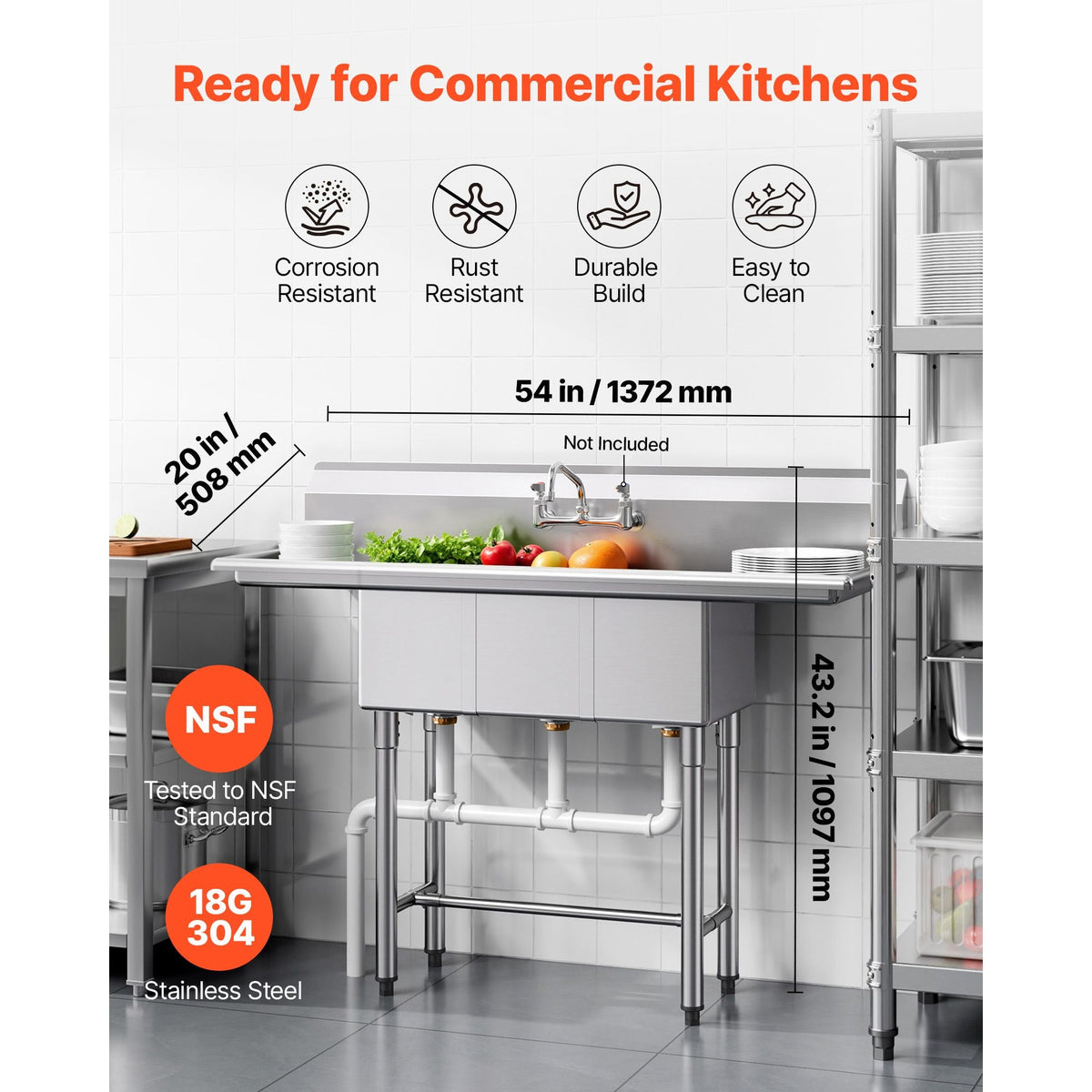 3 Compartment Sink, 18-Gauge 304 Stainless Steel, 10" x 14" x 10" Bowl Size, 3 Bay Commercial Kitchen Prep & Utility Sink with 2 Drainboards and Backsplash for Restaurant, Food Truck & Home Use