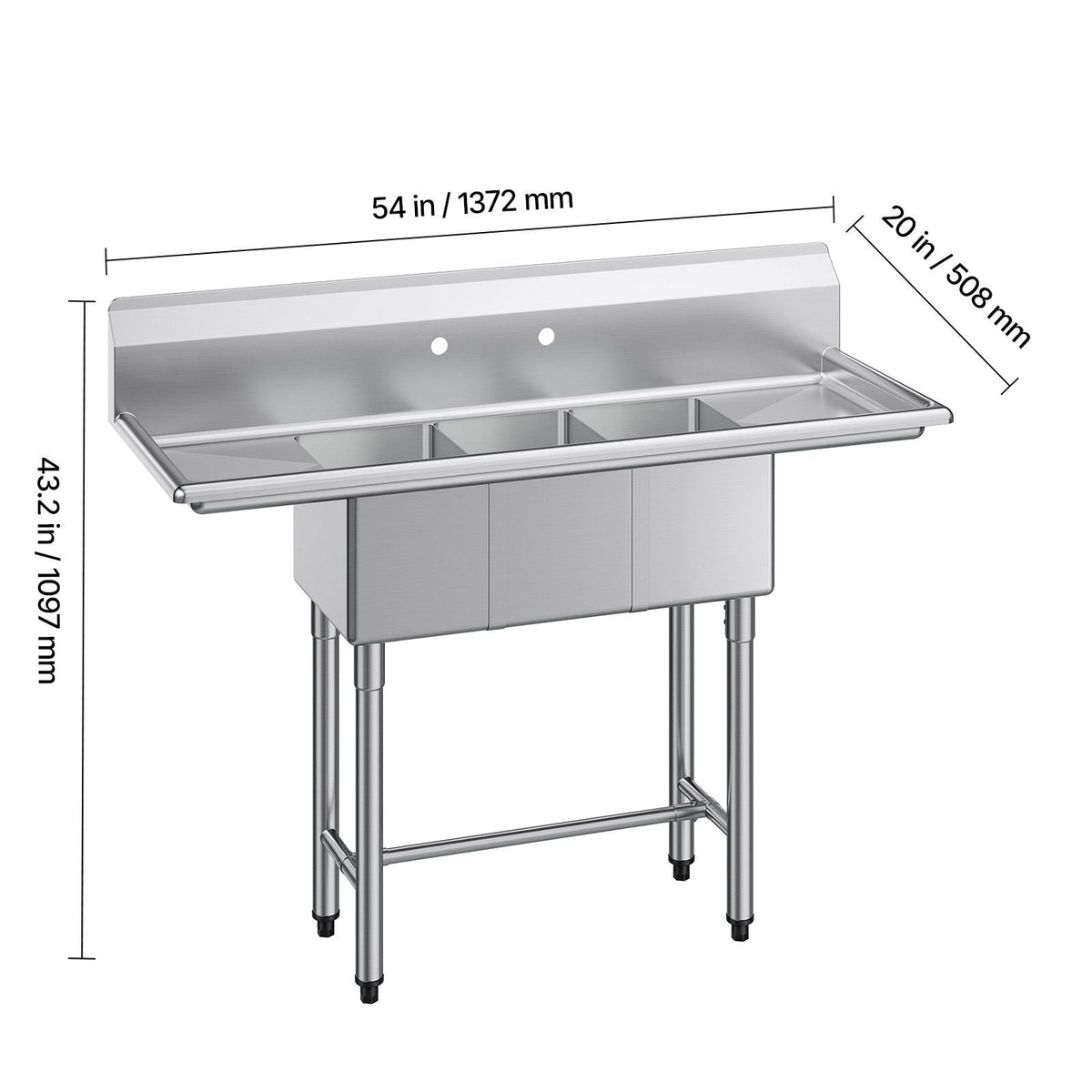 3 Compartment Sink, 18-Gauge 304 Stainless Steel, 10" x 14" x 10" Bowl Size, 3 Bay Commercial Kitchen Prep & Utility Sink with 2 Drainboards and Backsplash for Restaurant, Food Truck & Home Use