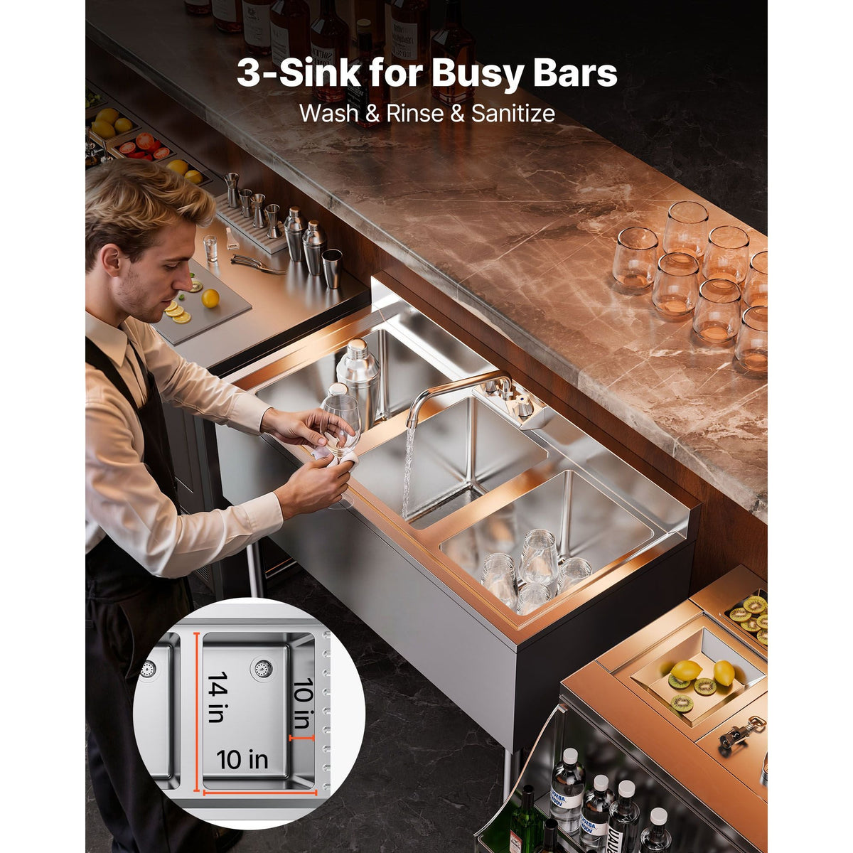 3 Compartment Sink, 18-Gauge 304 Stainless Steel, 10" x 14" x 10" Bowl Size, 3 Bay Commercial Under Bar Sink with Backsplash and Efficient Drainage for Kitchen, Restaurant, Food Truck & Home Use