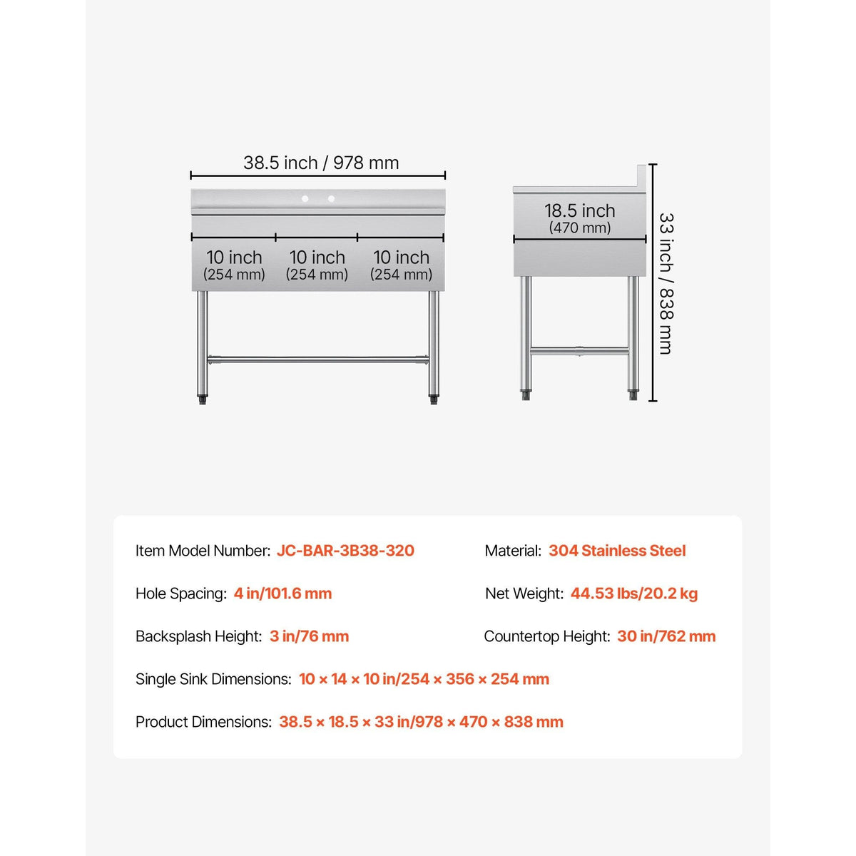 3 Compartment Sink, 18-Gauge 304 Stainless Steel, 10" x 14" x 10" Bowl Size, 3 Bay Commercial Under Bar Sink with Backsplash and Efficient Drainage for Kitchen, Restaurant, Food Truck & Home Use