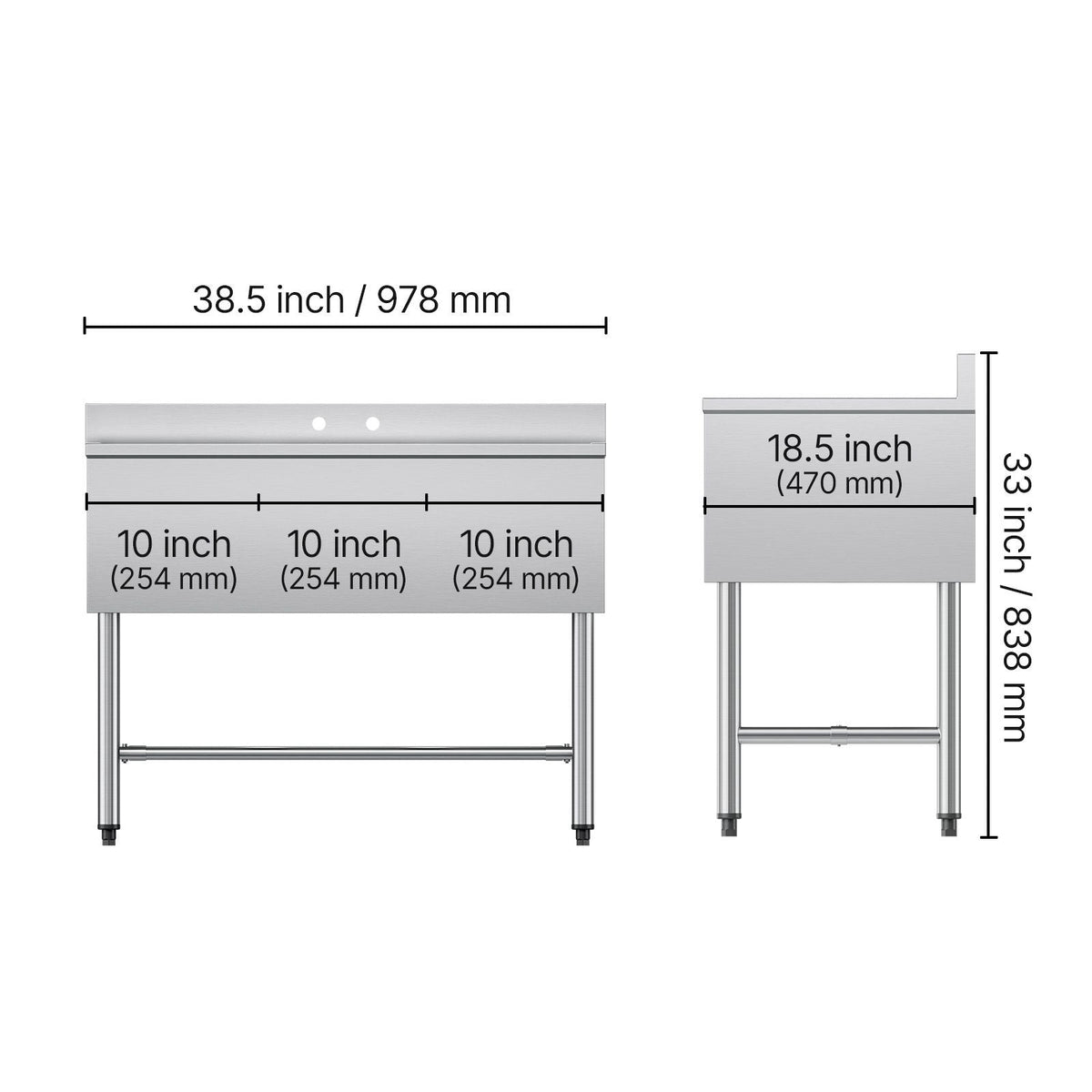 3 Compartment Sink, 18-Gauge 304 Stainless Steel, 10" x 14" x 10" Bowl Size, 3 Bay Commercial Under Bar Sink with Backsplash and Efficient Drainage for Kitchen, Restaurant, Food Truck & Home Use