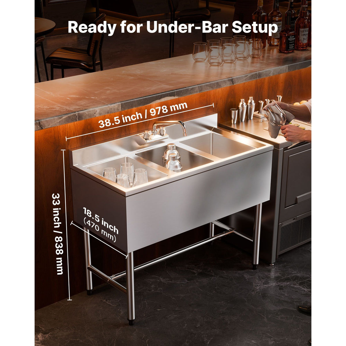 3 Compartment Sink, 18-Gauge 304 Stainless Steel, 10" x 14" x 10" Bowl Size, 3 Bay Commercial Under Bar Sink with Backsplash and Efficient Drainage for Kitchen, Restaurant, Food Truck & Home Use