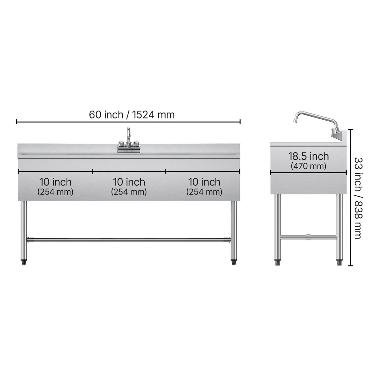 3 Compartment Sink, 18-Gauge 304 Stainless Steel, 10" x 14" x 10" Bowl Size, 3 Bay Commercial Under Bar Sink with Double Drainboard and Backsplash for Kitchen, Restaurant, Food Truck & Home Use