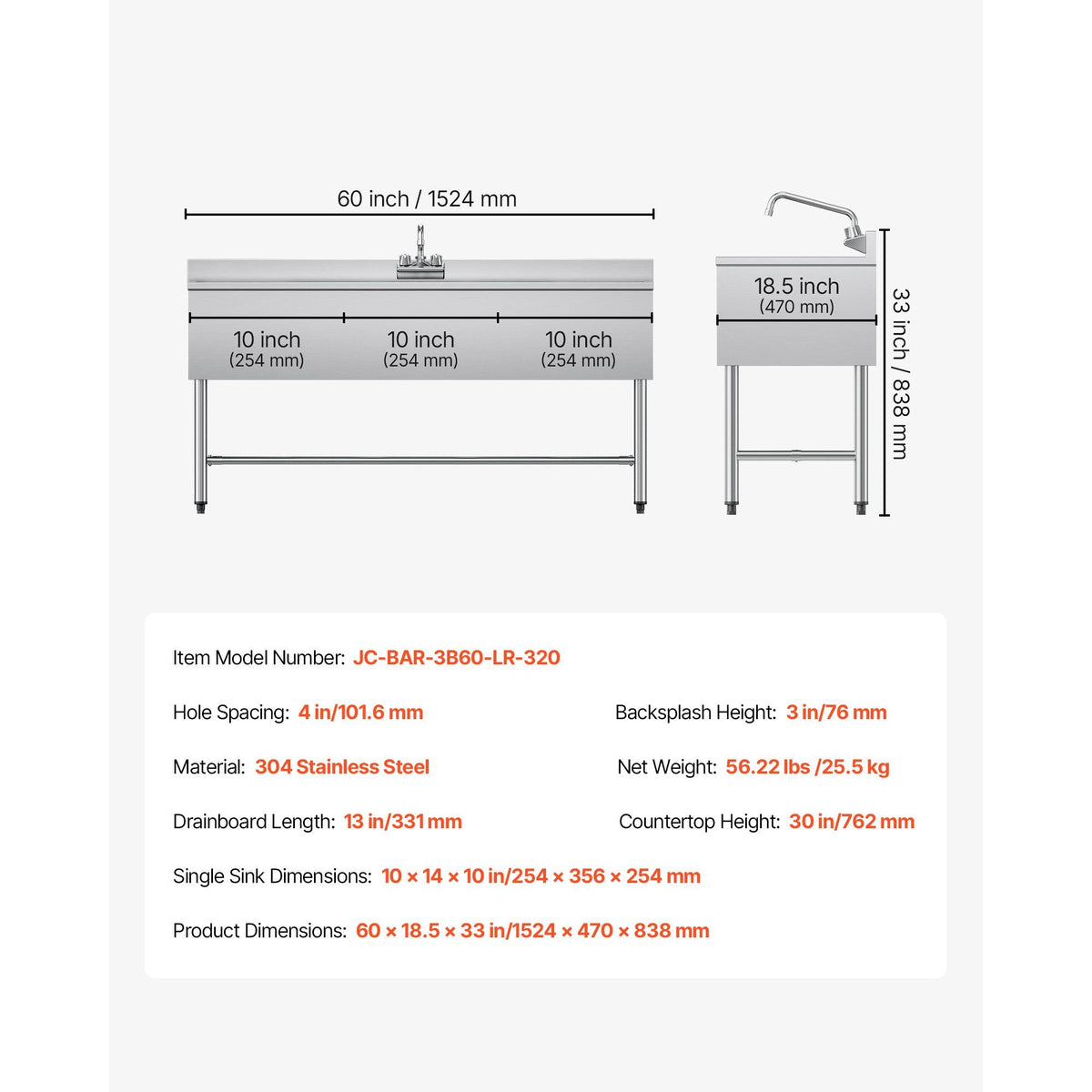 3 Compartment Sink, 18-Gauge 304 Stainless Steel, 10" x 14" x 10" Bowl Size, 3 Bay Commercial Under Bar Sink with Double Drainboard and Backsplash for Kitchen, Restaurant, Food Truck & Home Use