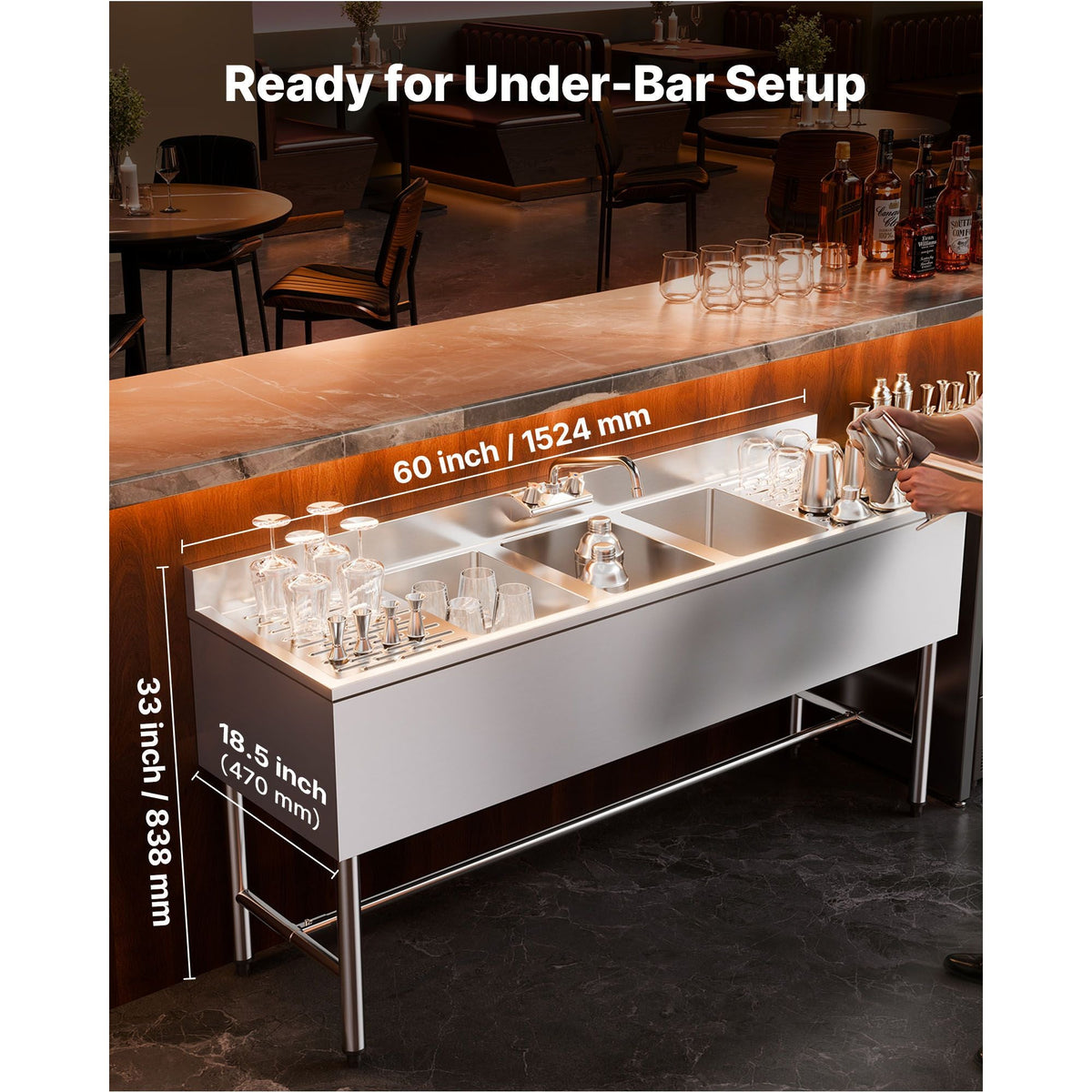 3 Compartment Sink, 18-Gauge 304 Stainless Steel, 10" x 14" x 10" Bowl Size, 3 Bay Commercial Under Bar Sink with Double Drainboard and Backsplash for Kitchen, Restaurant, Food Truck & Home Use