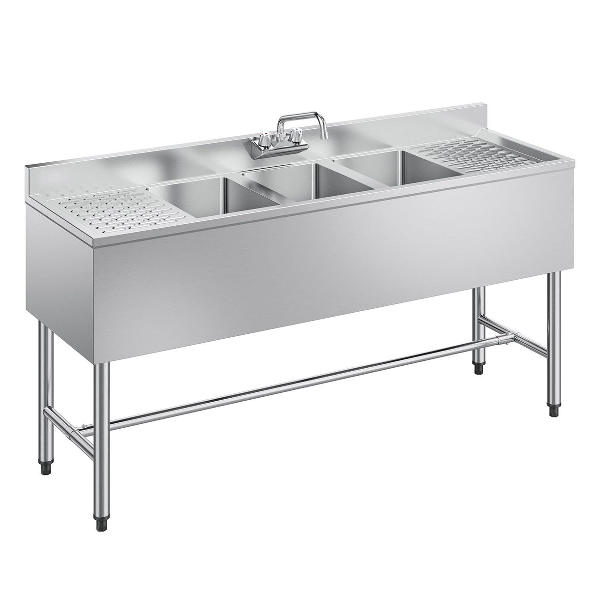3 Compartment Sink, 18-Gauge 304 Stainless Steel, 10" x 14" x 10" Bowl Size, 3 Bay Commercial Under Bar Sink with Double Drainboard and Backsplash for Kitchen, Restaurant, Food Truck & Home Use
