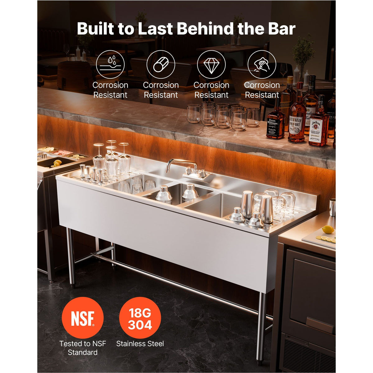 3 Compartment Sink, 18-Gauge 304 Stainless Steel, 10" x 14" x 10" Bowl Size, 3 Bay Commercial Under Bar Sink with Double Drainboard and Backsplash for Kitchen, Restaurant, Food Truck & Home Use