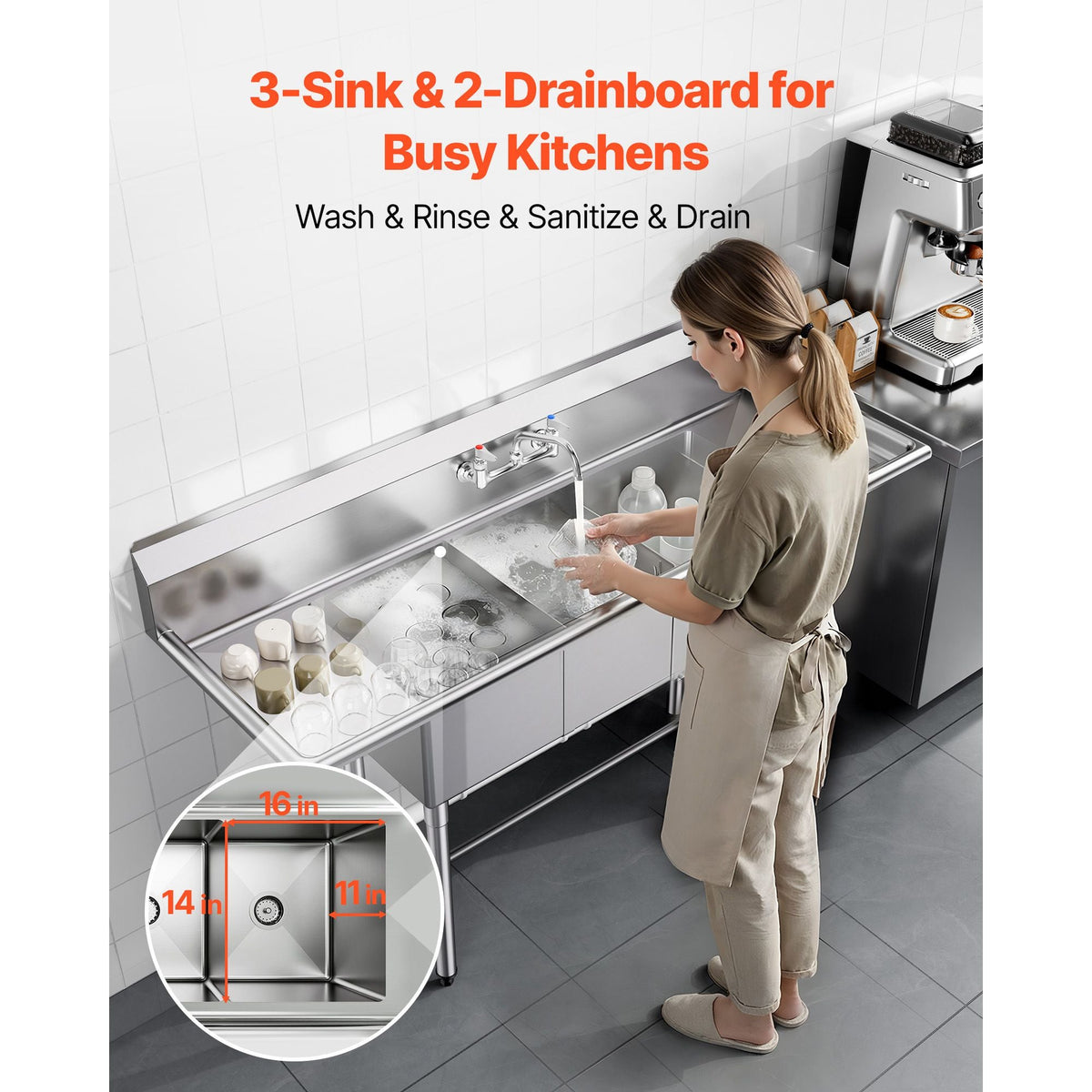 3 Compartment Sink, 18-Gauge 304 Stainless Steel, 14" x 16" x 11" Bowl Size, 3 Bay Commercial Kitchen Prep & Utility Sink with 2 Drainboards and Backsplash for Restaurant, Food Truck & Home Use