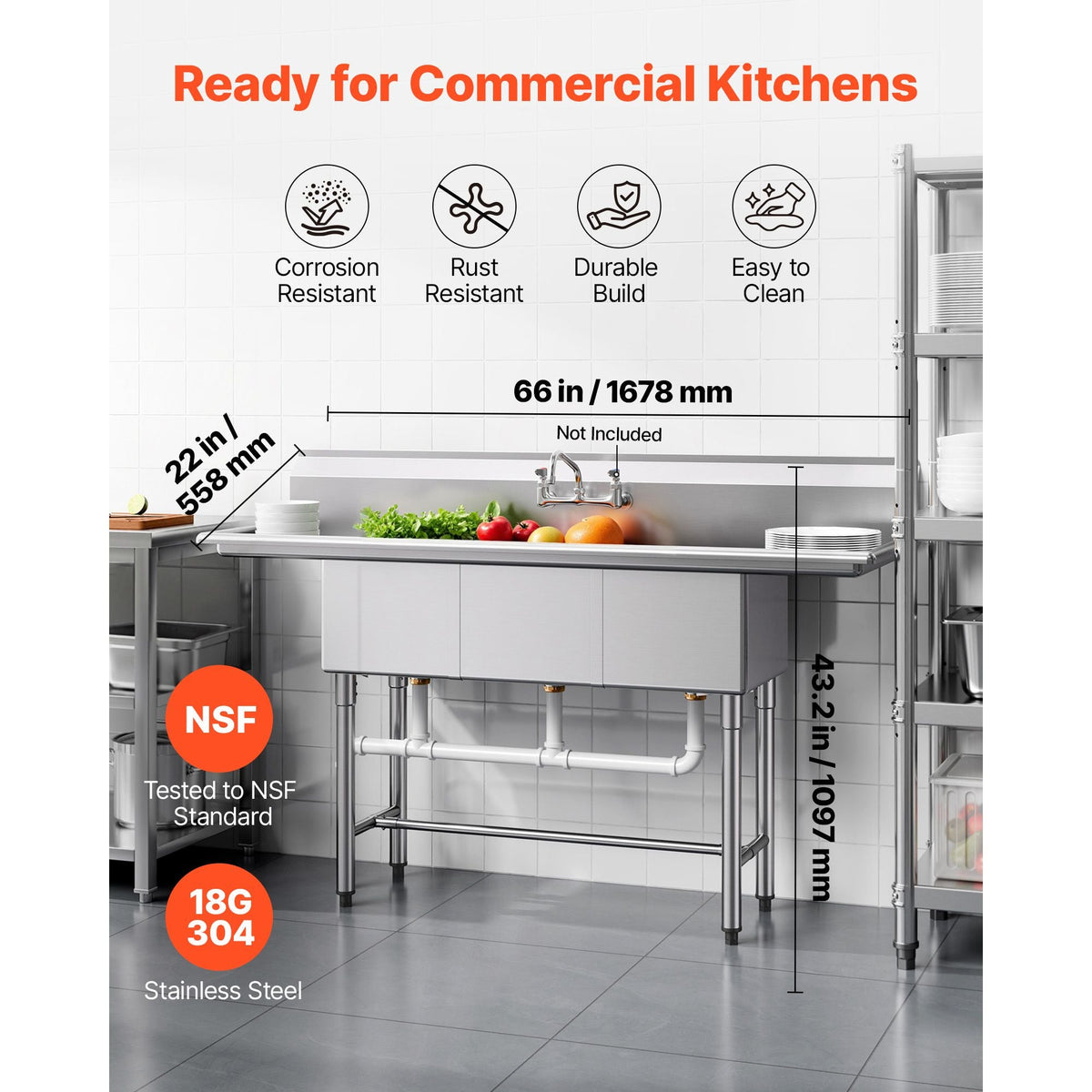 3 Compartment Sink, 18-Gauge 304 Stainless Steel, 14" x 16" x 11" Bowl Size, 3 Bay Commercial Kitchen Prep & Utility Sink with 2 Drainboards and Backsplash for Restaurant, Food Truck & Home Use