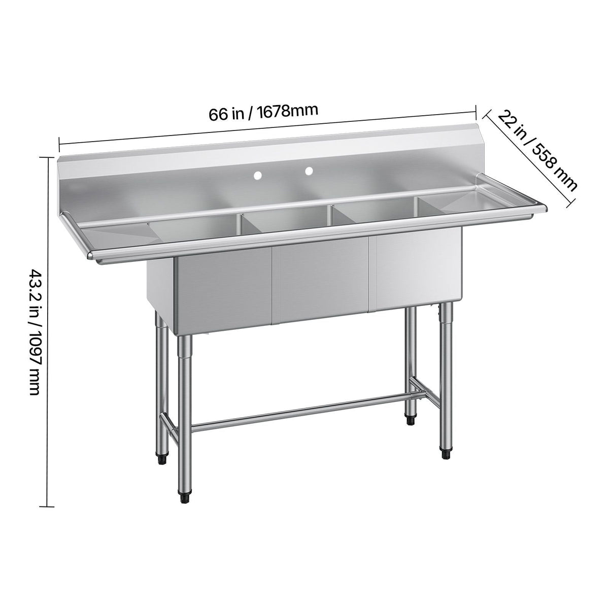 3 Compartment Sink, 18-Gauge 304 Stainless Steel, 14" x 16" x 11" Bowl Size, 3 Bay Commercial Kitchen Prep & Utility Sink with 2 Drainboards and Backsplash for Restaurant, Food Truck & Home Use