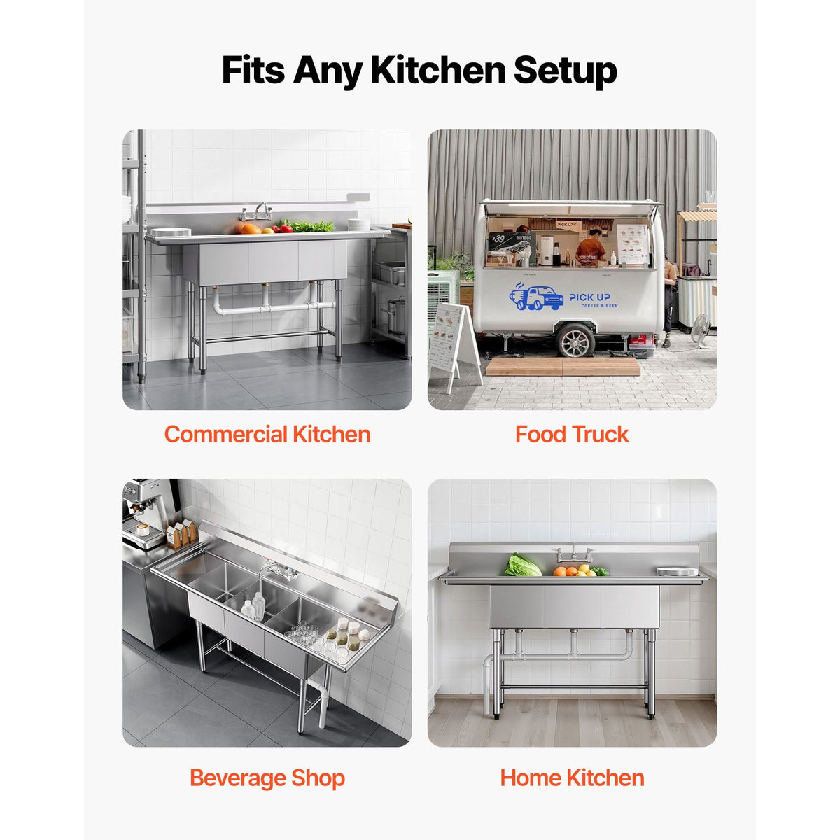 3 Compartment Sink, 18-Gauge 304 Stainless Steel, 14" x 16" x 11" Bowl Size, 3 Bay Commercial Kitchen Prep & Utility Sink with 2 Drainboards and Backsplash for Restaurant, Food Truck & Home Use