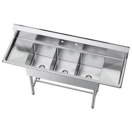 3 Compartment Sink, 18-Gauge 304 Stainless Steel, 14" x 16" x 11" Bowl Size, 3 Bay Commercial Kitchen Prep & Utility Sink with 2 Drainboards and Backsplash for Restaurant, Food Truck & Home Use