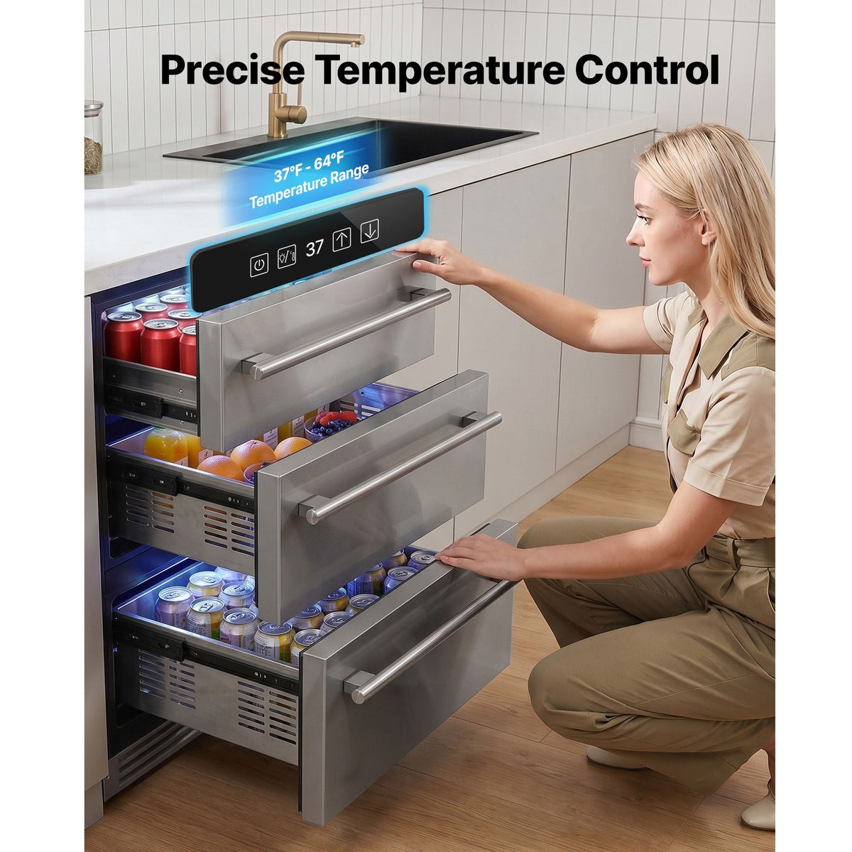 3-Drawer Refrigerator, 24 in Undercounter Beverage Cooler, Large Capacity Drink Fridge, 3 Separate Storage Zones, 304 Stainless Steel Drawers, Fast Cooling, for Kitchen, Game Room & Home Bar