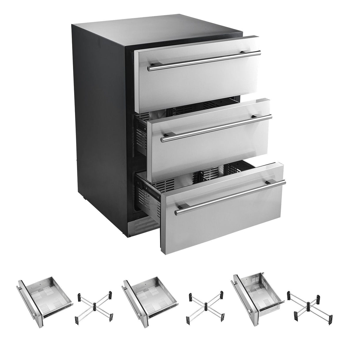 3-Drawer Refrigerator, 24 in Undercounter Beverage Cooler, Large Capacity Drink Fridge, 3 Separate Storage Zones, 304 Stainless Steel Drawers, Fast Cooling, for Kitchen, Game Room & Home Bar