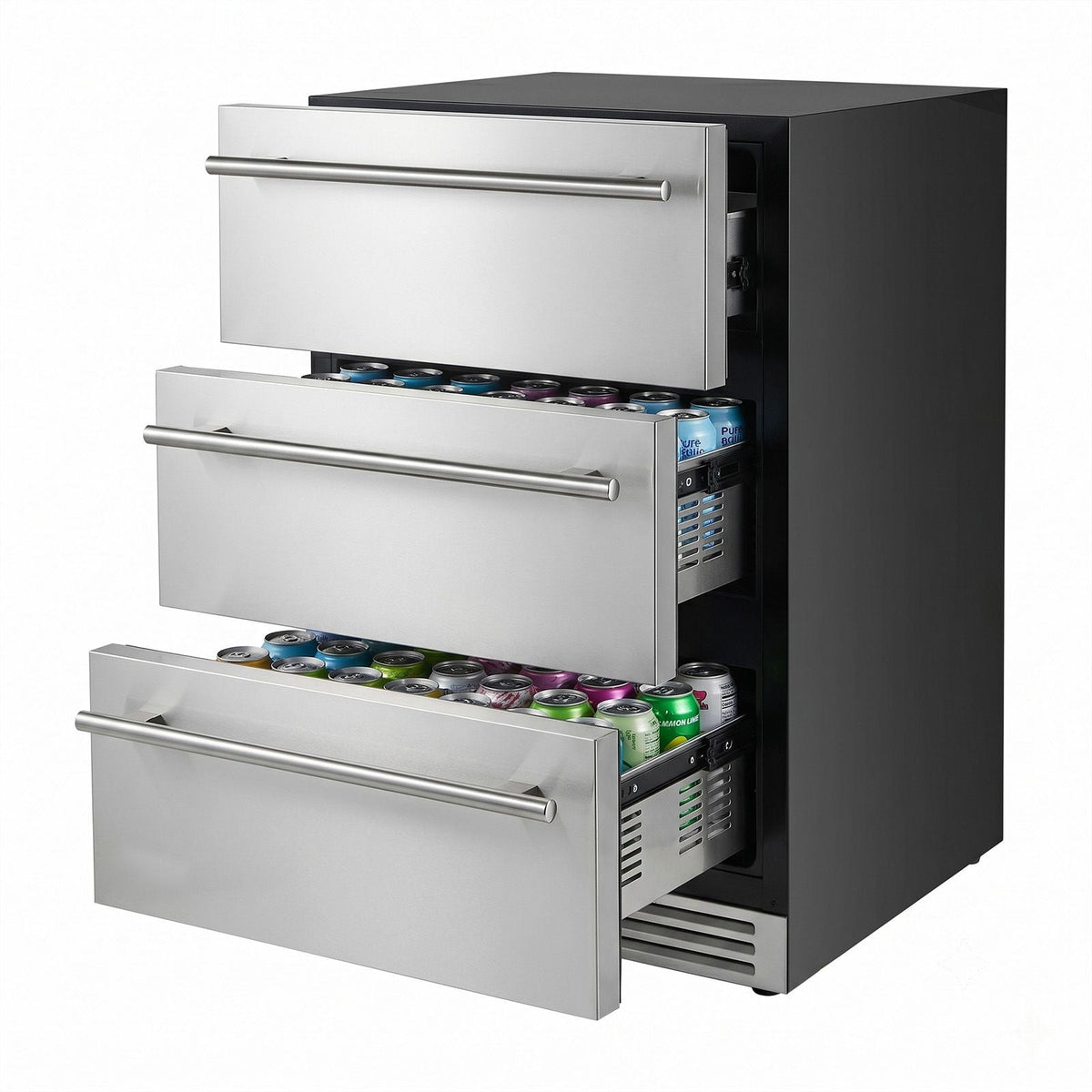 3-Drawer Refrigerator, 24 in Undercounter Beverage Cooler, Large Capacity Drink Fridge, 3 Separate Storage Zones, 304 Stainless Steel Drawers, Fast Cooling, for Kitchen, Game Room & Home Bar