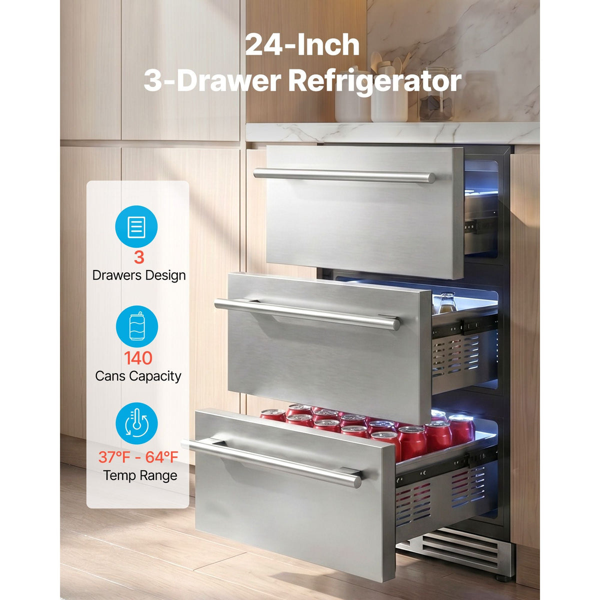 3-Drawer Refrigerator, 24 in Undercounter Beverage Cooler, Large Capacity Drink Fridge, 3 Separate Storage Zones, 304 Stainless Steel Drawers, Fast Cooling, for Kitchen, Game Room & Home Bar