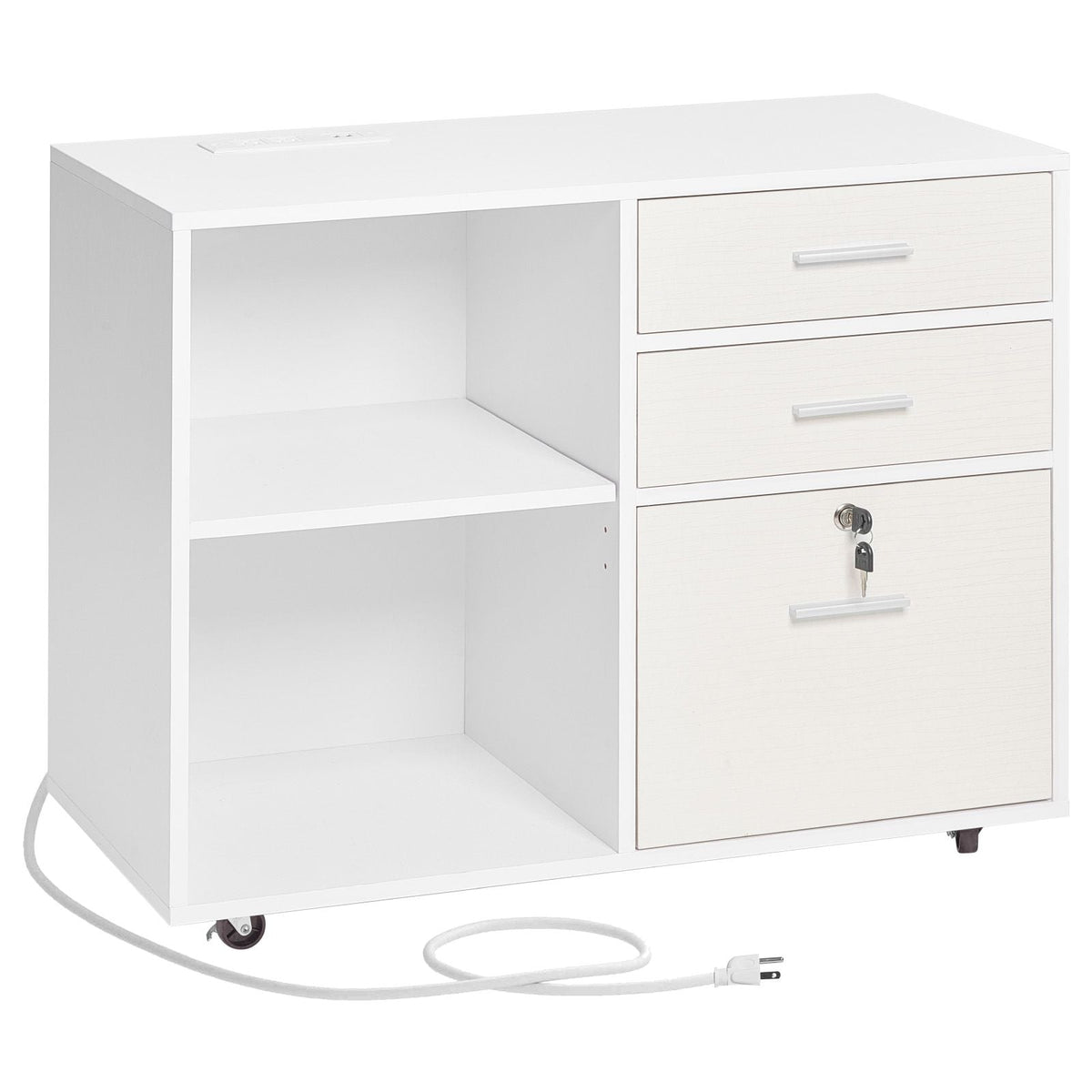 3 Drawer Wooden File Cabinet, Mobile Filing Cabinet with Light Strip, Lockable Rolling File Storage with Adjustable Shelves & 5 Wheels, Free Standing Printer Stand for Home Office School, White