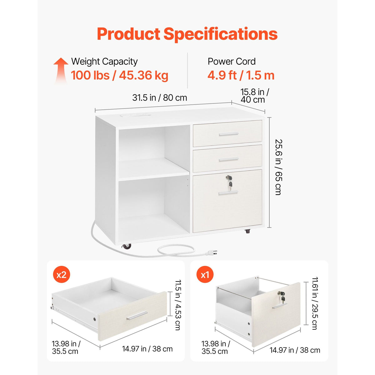 3 Drawer Wooden File Cabinet, Mobile Filing Cabinet with Light Strip, Lockable Rolling File Storage with Adjustable Shelves & 5 Wheels, Free Standing Printer Stand for Home Office School, White