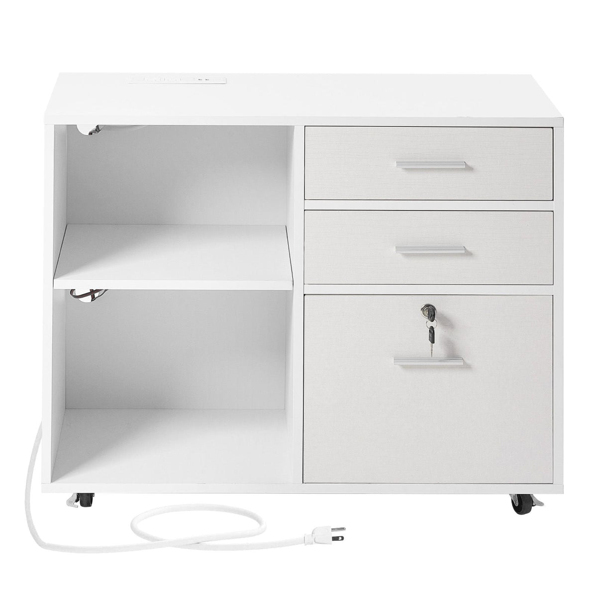 3 Drawer Wooden File Cabinet, Mobile Filing Cabinet with Light Strip, Lockable Rolling File Storage with Adjustable Shelves & 5 Wheels, Free Standing Printer Stand for Home Office School, White