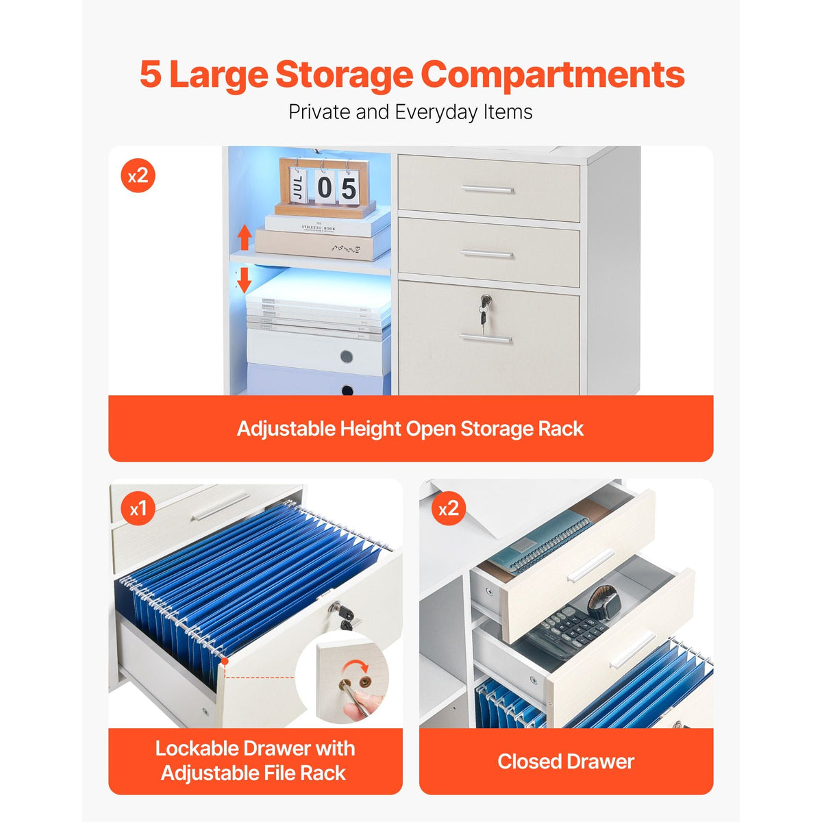 3 Drawer Wooden File Cabinet, Mobile Filing Cabinet with Light Strip, Lockable Rolling File Storage with Adjustable Shelves & 5 Wheels, Free Standing Printer Stand for Home Office School, White