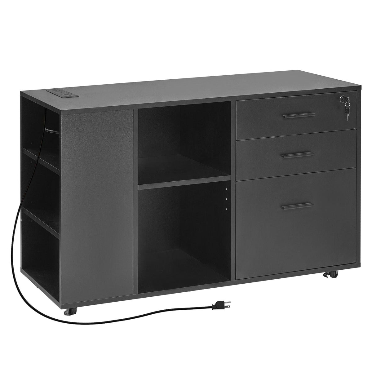 3 Drawer Wooden File Cabinet, Mobile Filing Cabinet with Power Strip, Lockable Rolling File Storage with Adjustable Shelves & 5 Wheels, Floor Standing Printer Stand for Home Office School, Black