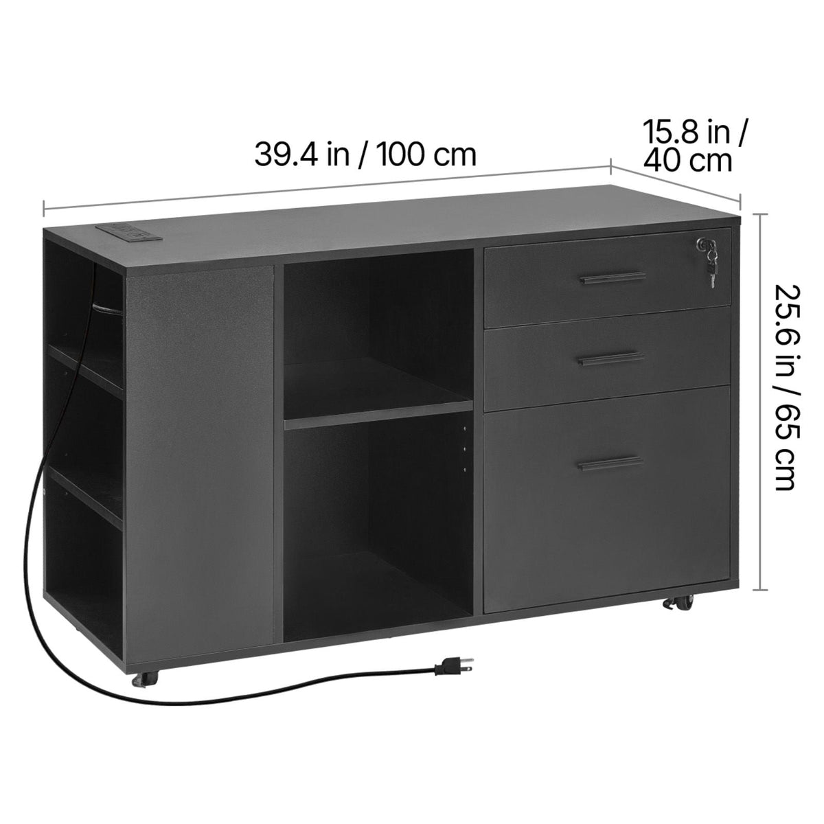 3 Drawer Wooden File Cabinet, Mobile Filing Cabinet with Power Strip, Lockable Rolling File Storage with Adjustable Shelves & 5 Wheels, Floor Standing Printer Stand for Home Office School, Black