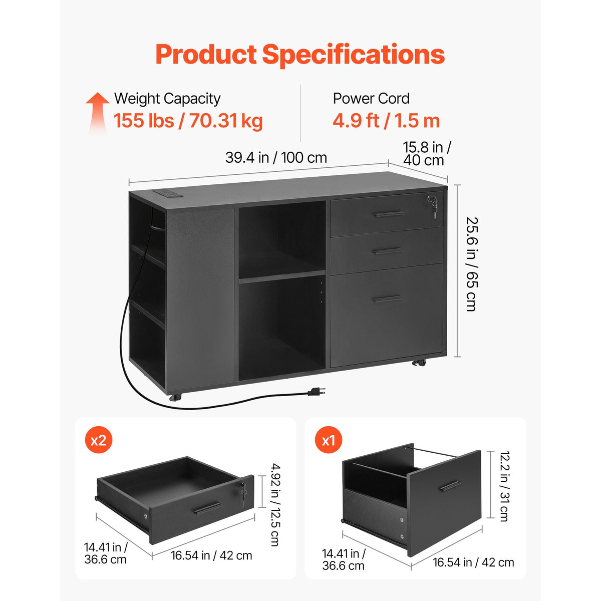 3 Drawer Wooden File Cabinet, Mobile Filing Cabinet with Power Strip, Lockable Rolling File Storage with Adjustable Shelves & 5 Wheels, Floor Standing Printer Stand for Home Office School, Black