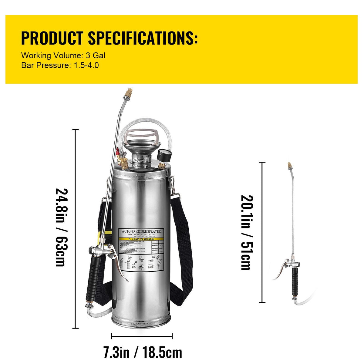 3 Gallon Stainless Steel Sprayer, 20" Wand & 3FT Reinforced Hose, Hand Pump Sprayer with Pressure Gauge, Safety Valve & Adjustable Nozzle, Garden Weed Sprayer for Lawn, Gardening & Sanitizing