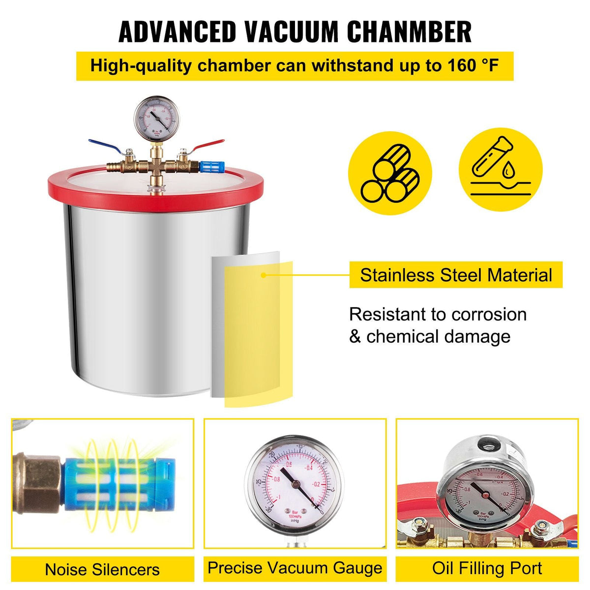 3 Gallon Vacuum Chamber Kit Stainless Steel Degassing Chamber 12L Vacuum Degassing Chamber Kit with 3.6 CFM 1 Stage Vacuum Pump HVAC