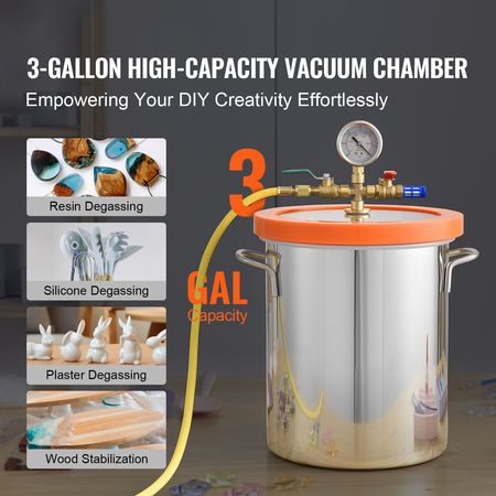 3 Gallon Vacuum Chamber, Upgraded Tempered Glass Lid Vacuum Degassing Chamber, 304 Stainless Steel Chamber, for Stabilizing Wood, Resin Degassing, Silicone Degassing and Plaster Degassing