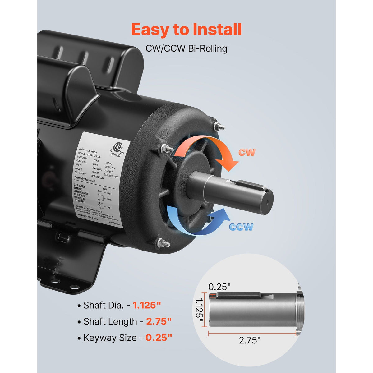 3 HP Electric Motor, 1750RPM Air Compressor Motor, CW/CCW Rotation, 1.125 inch Shaft Diameter, 2.75inch Shaft Length, 12N.m Torque, Single-Phase, TEFC Cooling, 230V, 184T Frame