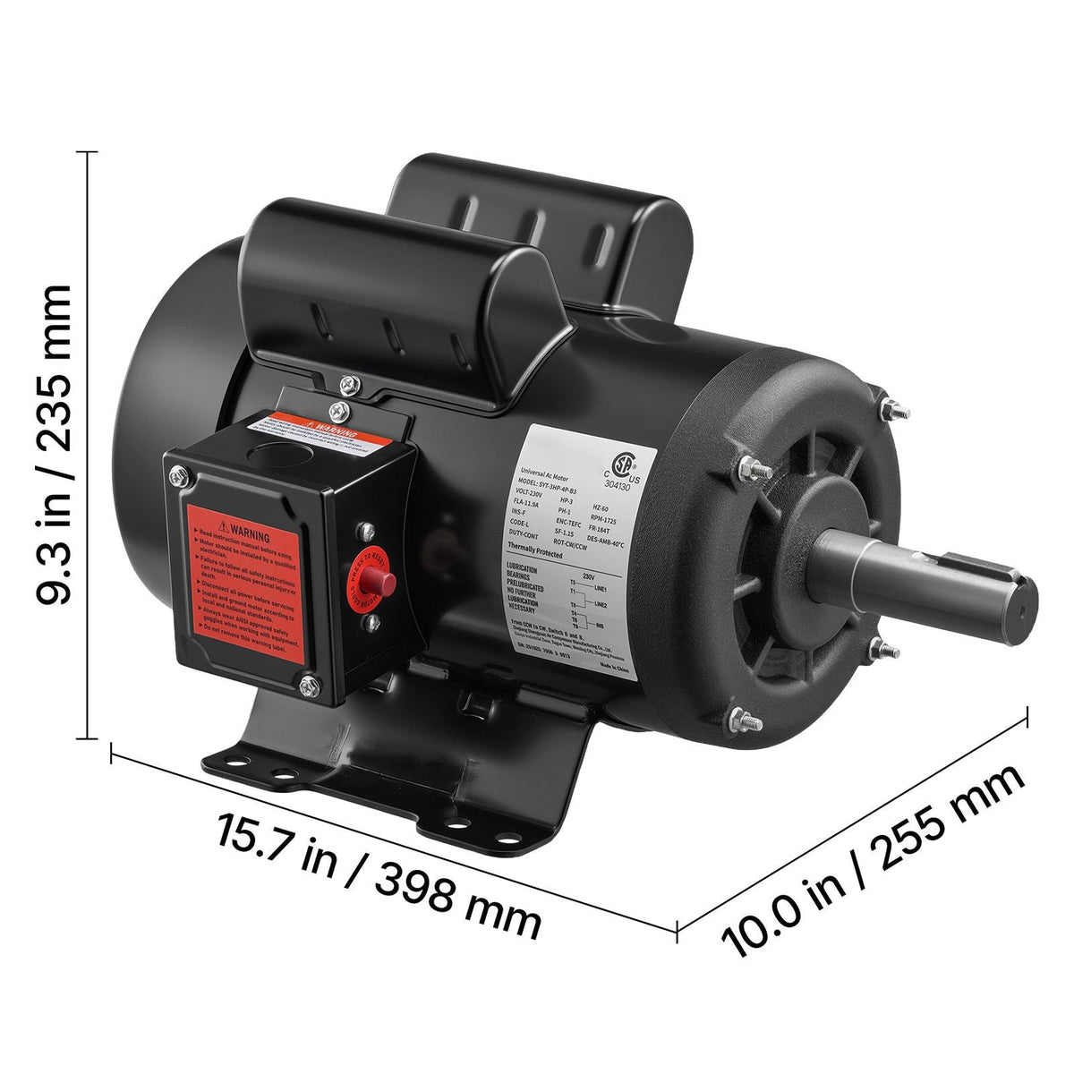 3 HP Electric Motor, 1750RPM Air Compressor Motor, CW/CCW Rotation, 1.125 inch Shaft Diameter, 2.75inch Shaft Length, 12N.m Torque, Single-Phase, TEFC Cooling, 230V, 184T Frame