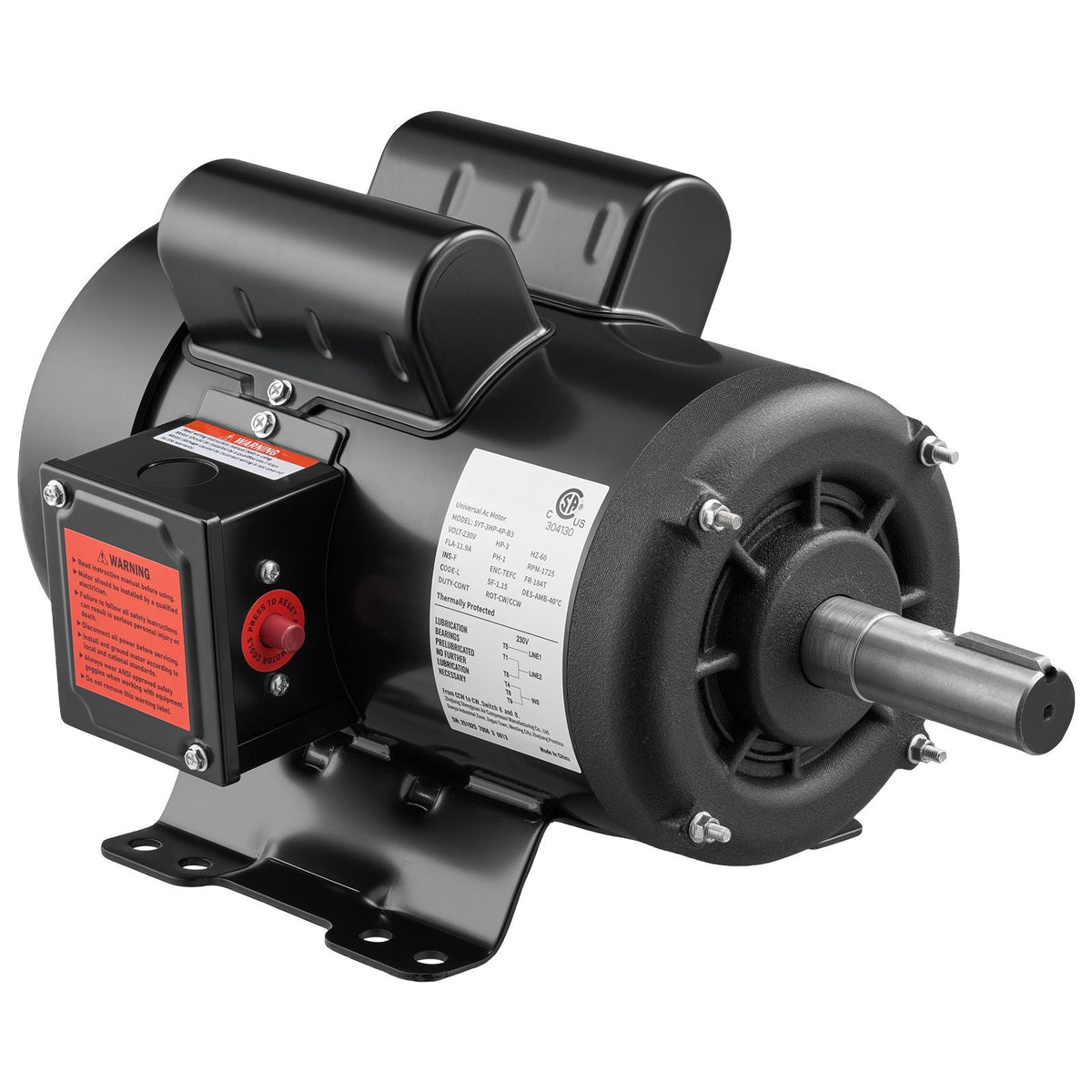 3 HP Electric Motor, 1750RPM Air Compressor Motor, CW/CCW Rotation, 1.125 inch Shaft Diameter, 2.75inch Shaft Length, 12N.m Torque, Single-Phase, TEFC Cooling, 230V, 184T Frame