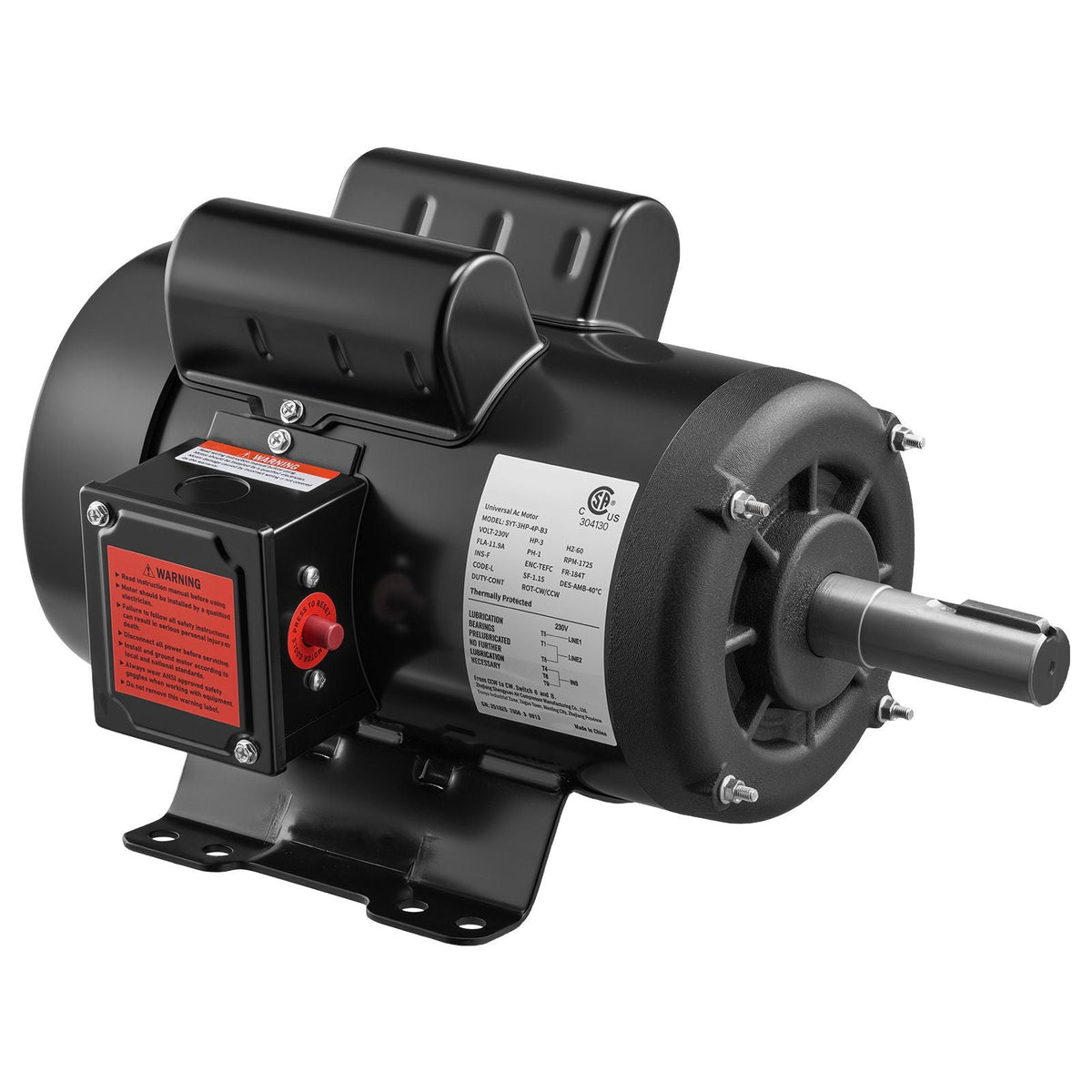 3 HP Electric Motor, 1750RPM Air Compressor Motor, CW/CCW Rotation, 1.125 inch Shaft Diameter, 2.75inch Shaft Length, 12N.m Torque, Single-Phase, TEFC Cooling, 230V, 184T Frame