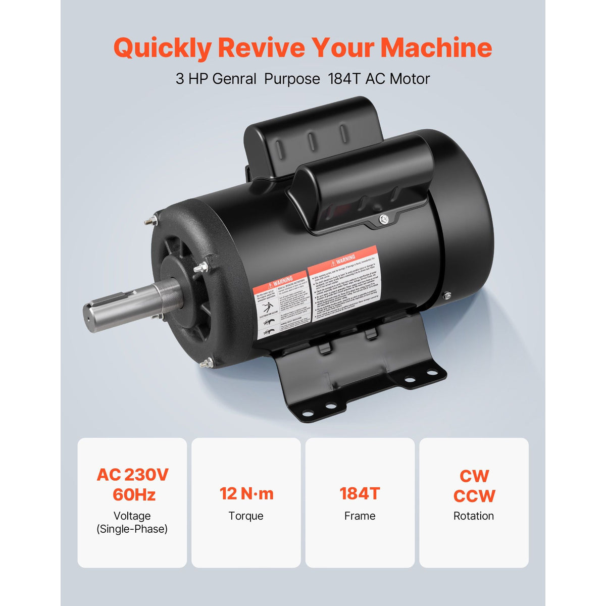 3 HP Electric Motor, 1750RPM Air Compressor Motor, CW/CCW Rotation, 1.125 inch Shaft Diameter, 2.75inch Shaft Length, 12N.m Torque, Single-Phase, TEFC Cooling, 230V, 184T Frame