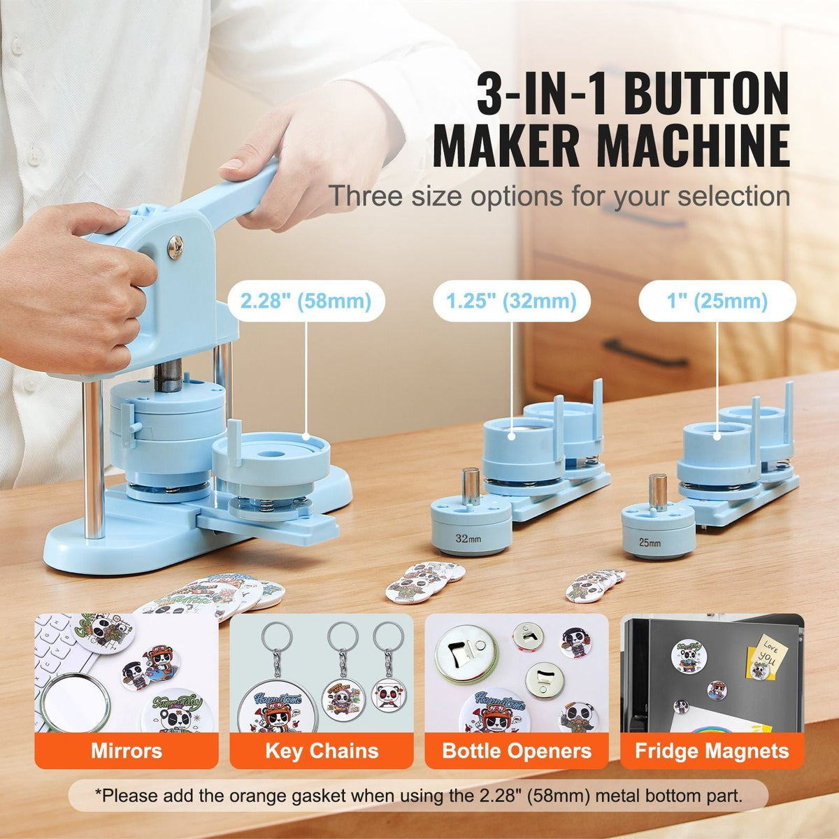 3-IN-1 Button Maker, 1/1.25/2.28 inch(25/32/58mm) Pin Maker, 300pcs Button Parts, Button Maker Machine with Panda Magic Book, Ergonomic Arc Handle Punch Press Kit, For Children DIY Gifts, Blue
