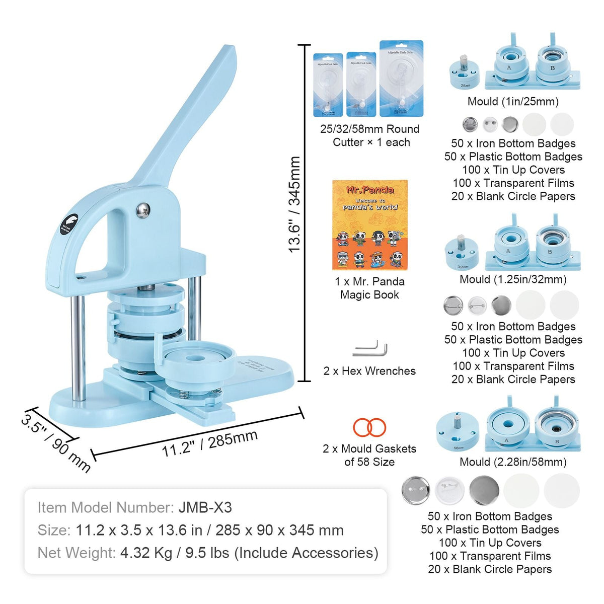 3-IN-1 Button Maker, 1/1.25/2.28 inch(25/32/58mm) Pin Maker, 300pcs Button Parts, Button Maker Machine with Panda Magic Book, Ergonomic Arc Handle Punch Press Kit, For Children DIY Gifts, Blue