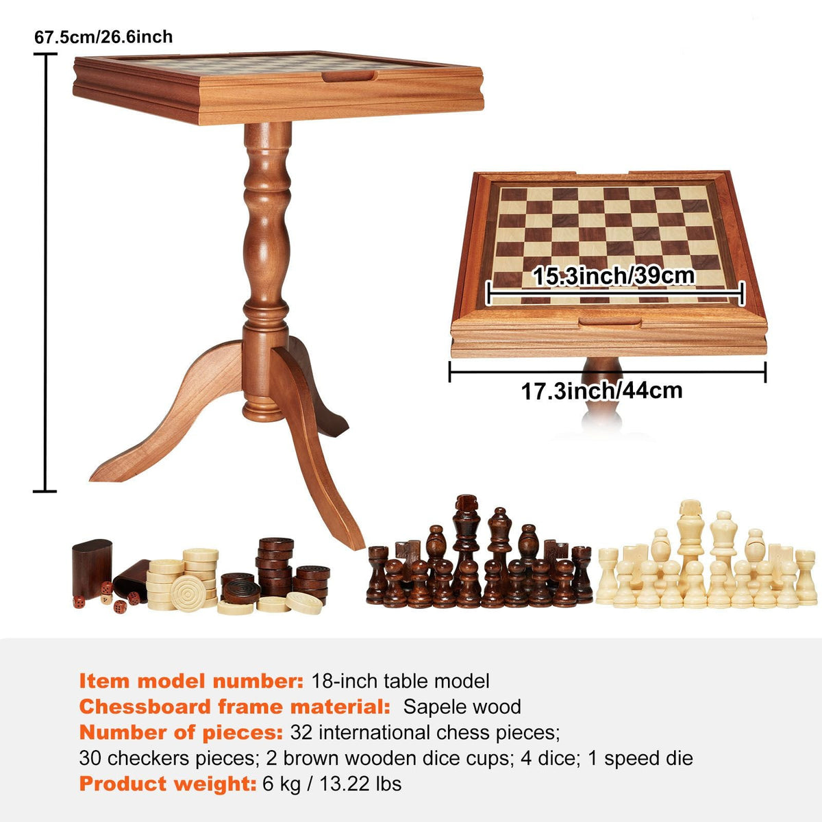 3-IN-1 Chess Checkers Backgammon Table Set, 18 Inch Premium Wooden Chess Table, Deluxe Combo Game Table Furniture Set, Chess Set Board Game Gift for Family Board Games