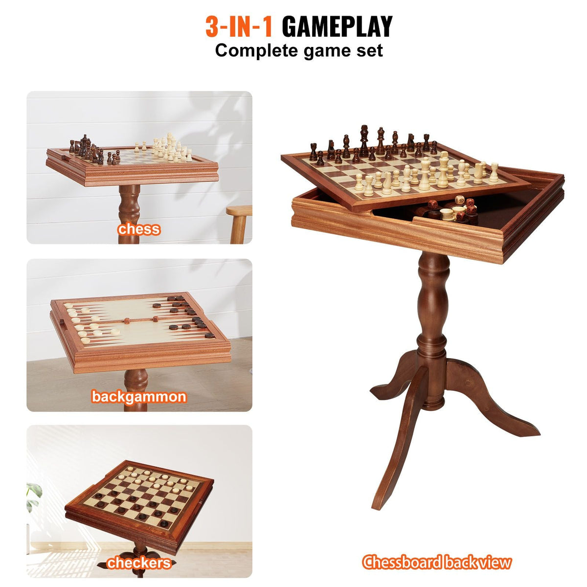 3-IN-1 Chess Checkers Backgammon Table Set, 18 Inch Premium Wooden Chess Table, Deluxe Combo Game Table Furniture Set, Chess Set Board Game Gift for Family Board Games