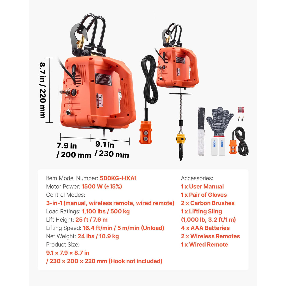 3-in-1 Electric Hoist Winch, 1100 lbs Capacity, 1500W Portable Electric Power Winch, 25 ft Lifting Height, 16.4 ft/min with Manual, Wired & Wireless Remote Control for Factory, Warehouss, Garage