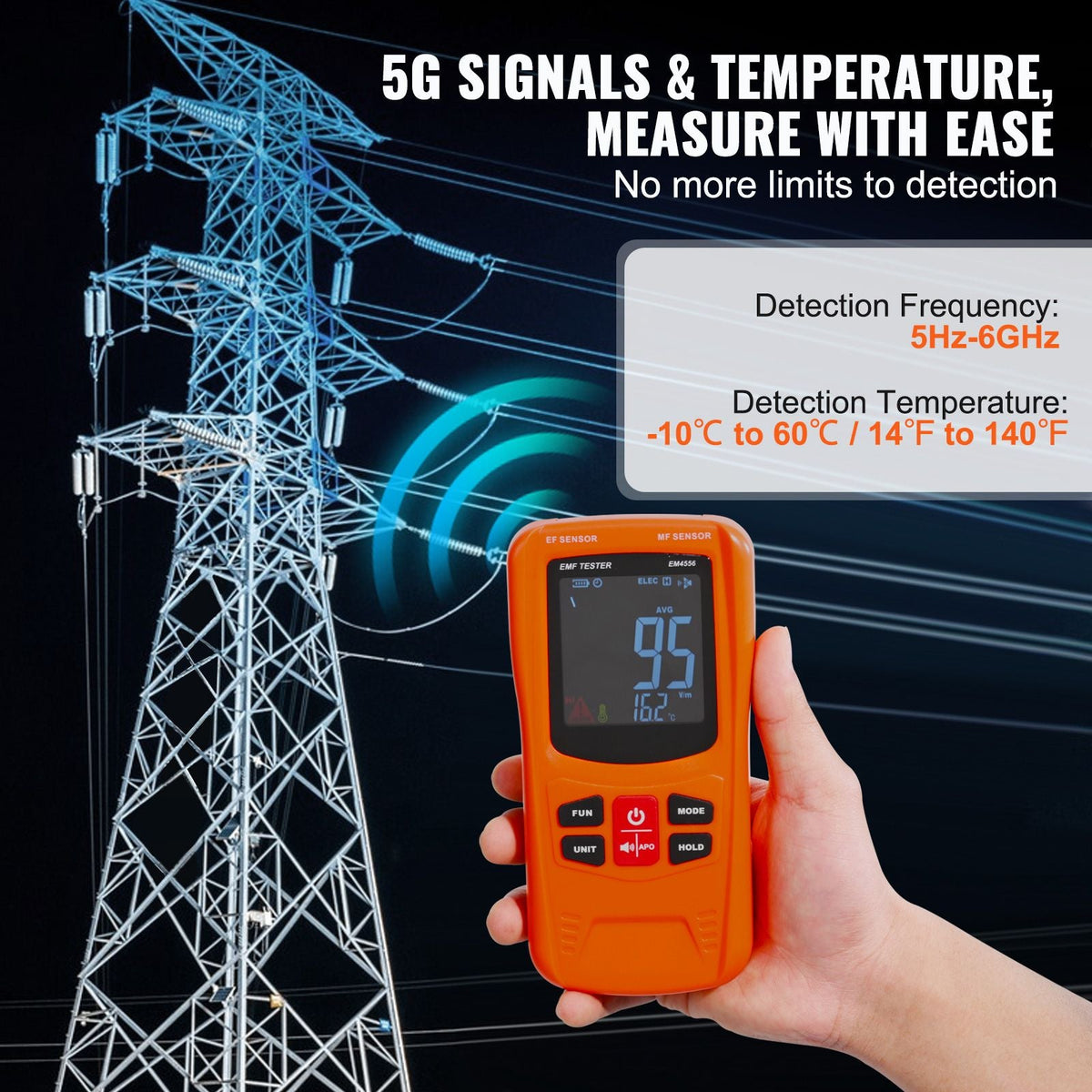 3-in-1 EMF Meter, 5Hz-6GHz, Handheld Rechargeable Electromagnetic Field Radiation Detector, Digital LCD EMF Tester for EF MF RF Home Inspections Outdoor Ghost Hunting 5G Cell Tower Temperature